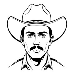 Vector silhouette of a cowboy portrait, isolated in white. Ideal for western-themed designs, logos, and digital artwork.
