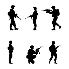 Vector silhouette of a woman soldier in arms, isolated in white. Ideal for military-themed designs, empowerment logos, patriotic illustrations, and digital artwork.