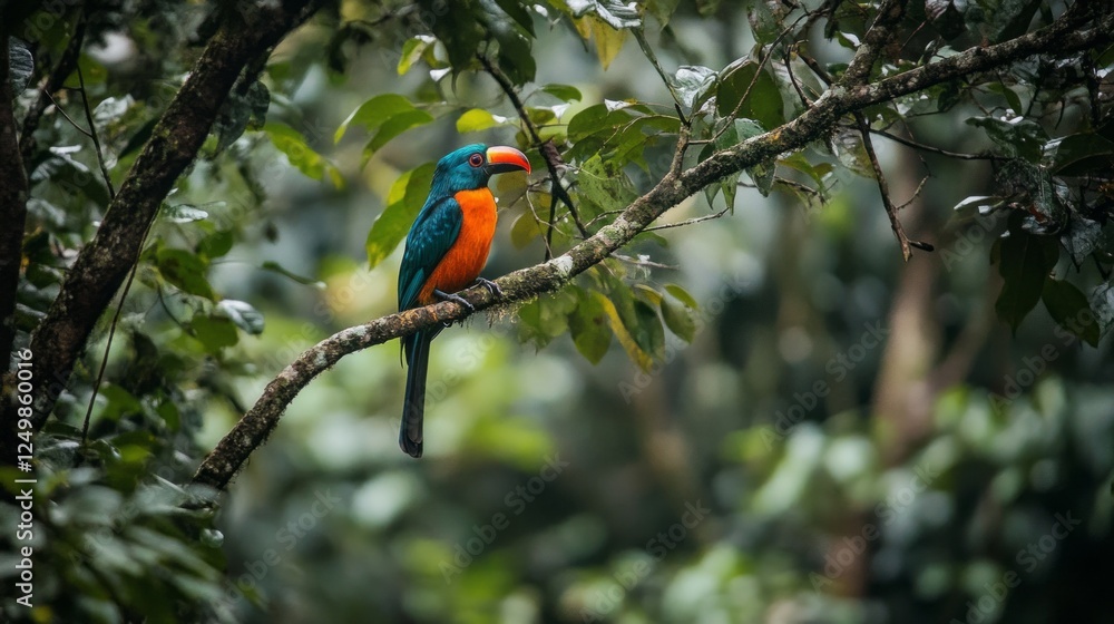 Poster a striking toucan with bright feathers sits gracefully on a branch in the heart of a verdant rainfor