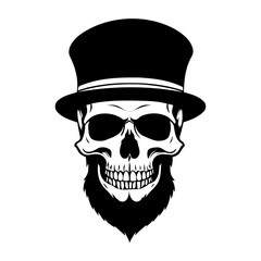 Vector silhouette of a skull with a beard and hat, isolated in white. Ideal for edgy designs, gothic logos, tattoo artwork, and digital illustrations.