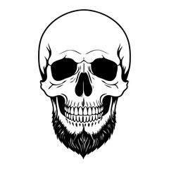 A scary cartoon skull with beard, black hollow eyes and sharp teeth vector illustration in white background PNG