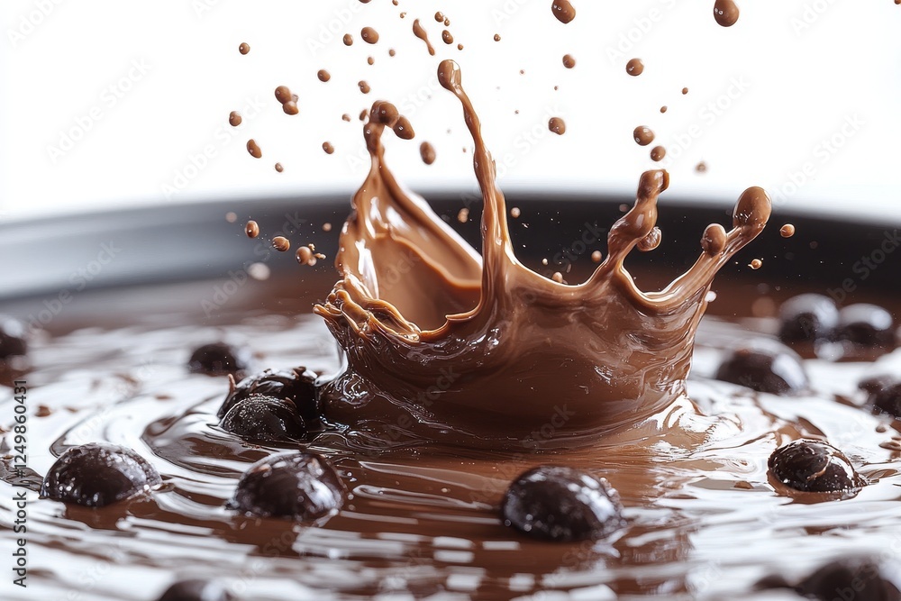 Poster a splash of chocolate with droplets and cocoa beans in a bowl.