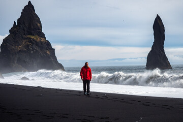 A person walking along a stunning black sandy beach Reynisfjara and rocky terrain in VIK Myrdal in...