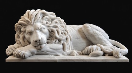 Reclining marble lion statue, dark background, art