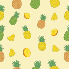 seamless pattern of pineapple. Set of pineapple. Seamless pineapple pattern vector. Ananas seamless pattern. Pineapple exotic tropical fruit as name Ananas comosus.  Whole pineapple with leaves.