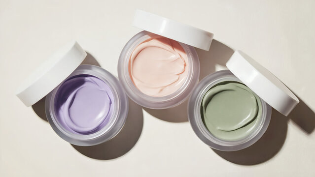 three frosted cosmetic jars containing varying color concealer cream swatches &ndash; purple, peach, and green on a natural background