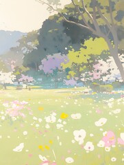 An abstract oil painting of a spring wildflower field