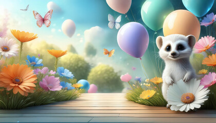 Obraz premium Baby Meerkat with balloons and flowers