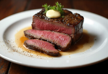 Medium-rare steak with melted butter and fresh herbs on a plate
