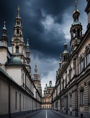Obraz premium Dramatic view of a historic European street with towering baroque architecture under a stormy sky, evoking a sense of mystery, grandeur, and timeless beauty in urban exploration.