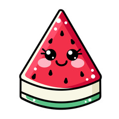 Cute sweet icon juicy lovely watermelon in kawaii style isolated on white background. Single closeup one slice of watermelon illustration for kids, children with smiling funny face