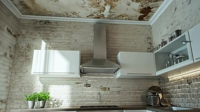 Contemporary kitchen interior with moldy ceiling and brick wall, highlighting potential allergy concept.
