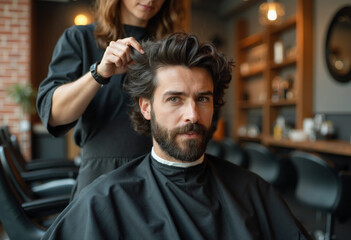 Obraz premium Stylish man getting a haircut and grooming session in a modern barbershop
