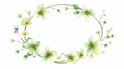 Floral wreath with green and yellow flowers on white background, with copy space