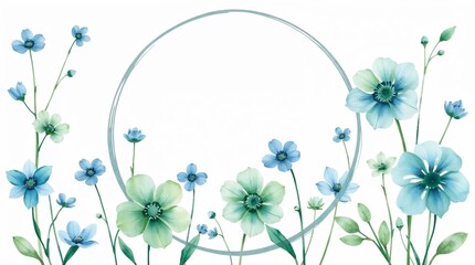 Watercolor floral frame with blue and green flowers, isolated on white, with copy space