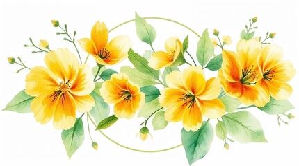 Fototapeta premium Watercolor floral arrangement with yellow flowers, in a circle, isolated on white
