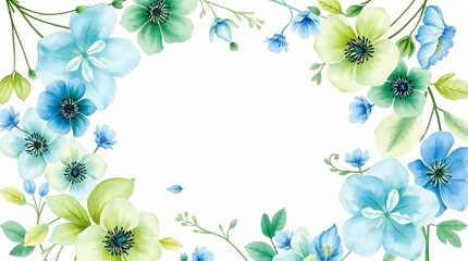 Watercolor floral border with light blue and green flowers, with copy space