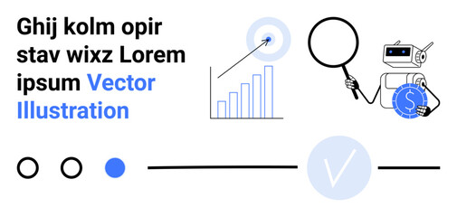 Business team analyzing data with a robot using a magnifying glass and holding a money coin beside a rising line graph, representing growth, technology, and finance themes. Ideal for finance