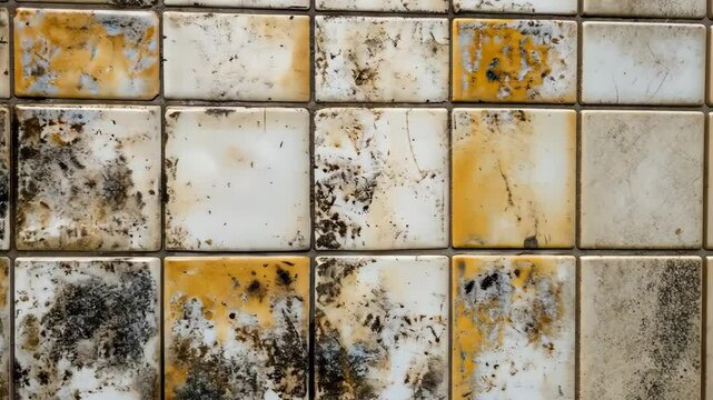 Moldy bathroom tiles with black and orange spots indicating potential allergy risk