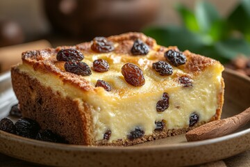 Delicious raisin cheesecake slice, rustic kitchen setting, food photography