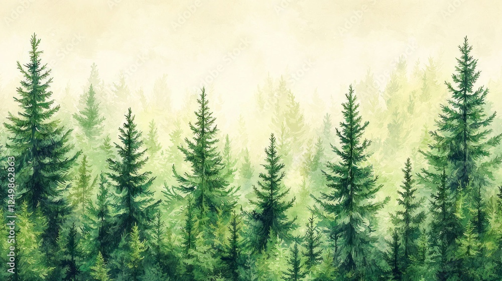 Poster an expansive view captures a verdant forest filled with spruce and pine trees. the greenery creates 