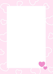 Template with a white text box and two fuchsia hearts on a light pink background decorated with white hearts. Vector illustration for note, poster, invitation. Copy space. Valentine's Day