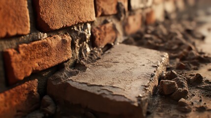 Fototapeta premium A close-up of a bricklayer carefully laying bricks with mortar, showcasing the smooth finish and precision of the brickwork.