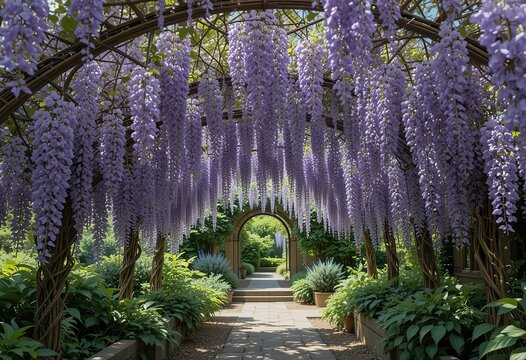 Wisteria covered arbor creates a beautiful garden walkway