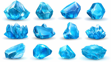 Fototapeta premium Blue ice crystals collection, isolated on white background, for design