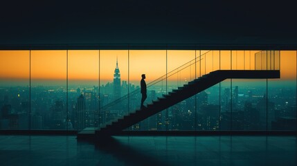 Silhouette of person ascending stairs in modern city skyscraper at sunrise