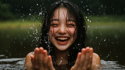 Fototapeta premium Woman splashing water joyfully in lake 