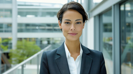 Fototapeta premium Confident businesswoman with a friendly smile, exuding professionalism in a tailored suit. A symbol of success and empowerment.