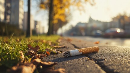 Cigarette Litter on Sidewalk Surrounded by Autumn Leaves and a Neighborhood Backdrop in Soft Evening Light