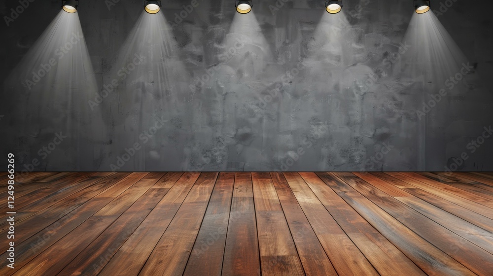 Canvas Prints A minimalist gallery space featuring spotlights casting subtle light on dark wooden floors and grey walls.