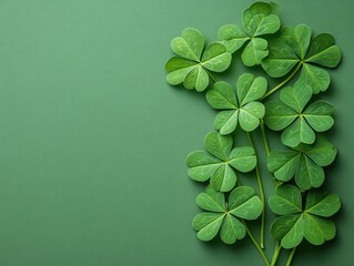 A cluster of vibrant green clover leaves on a solid green background.