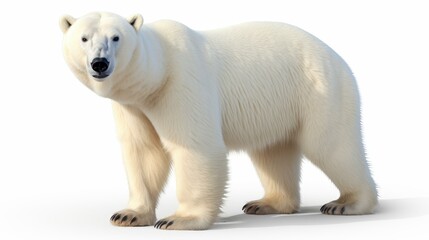 Fototapeta premium Majestic white polar bear stands out against a pure white background, showcasing its fluffy fur and powerful presence.