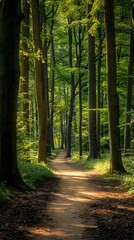 Obraz premium Serenity in Nature: A Tranquil Forest Path Illuminated by Dappled Sunlight, Inviting Exploration and Reflection