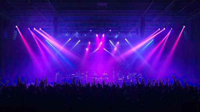 Energetic concert crowd silhouettes with vibrant stage lighting.