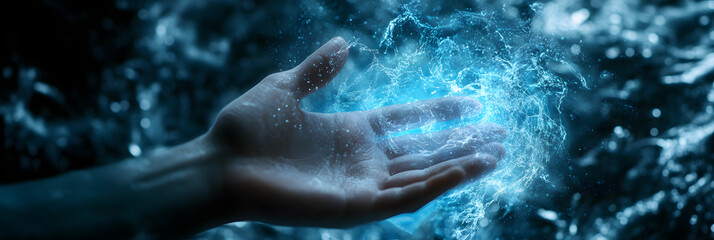 Fototapeta premium A hand reaching towards a glowing orb