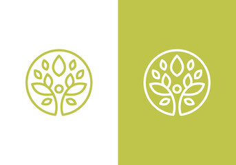 Abstract nature logo icon vector design. Healthy food logo, ecology, spa, business, diet, YOGA person line art icon with abstract green leaf in circle