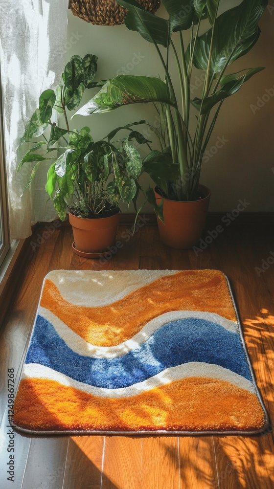 Poster swirling patterns of orange and blue stand out against wooden flooring, complemented by verdant hous