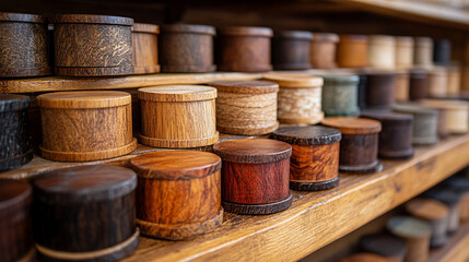 Modern laminate flooring samples in a building supplies store, showcasing bright tones, blurred background, and empty space for text or captions