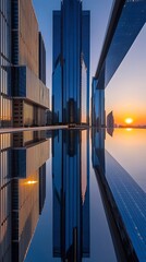 A futuristic skyscraper reflecting vibrant city lights during sunset, featuring symmetrical architecture and modern urban aesthetics, perfect for cityscape and architectural themes

