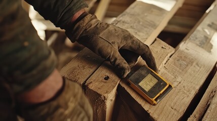 A carpenter measuring angles with a digital protractor on a wooden structure, ensuring precision and accuracy in craftsmanship.