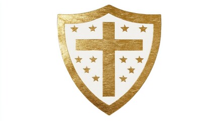 Gold shield with cross and stars, isolated on white background.