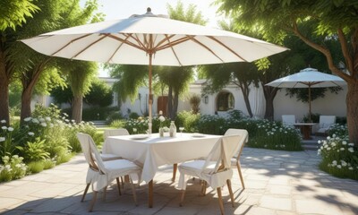 Obraz premium Patio with white tablecloths and umbrellas in a sunny garden, outdoor seating, flower pots, sun shelter