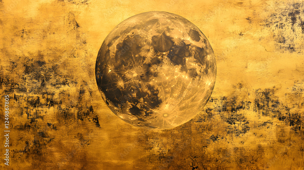 Poster full moon illuminating a textured golden background creating a celestial atmosphere