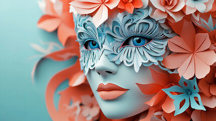 A delicate 3D paper art composition of a graceful woman in a masquerade mask, adorned with blue eyes, floral accents, and pastel hues, creating an enchanting and whimsical close-up.