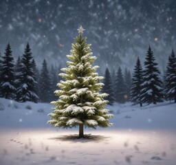 Pine Christmas tree in a snowy winter scene with snowflakes falling, peaceful, snow