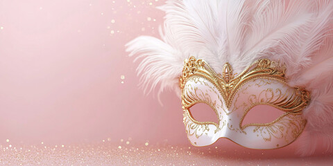 An elegant white and gold masquerade mask with delicate feathers rests on a pastel background adorned with glitter, evoking an air of mystery and sophistication for a festive concept banner.